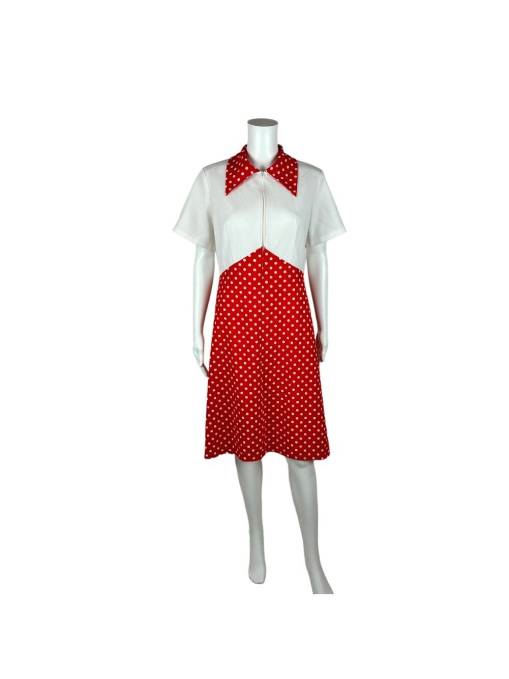 Vintage 70s Polka Dot Dress Women's Large Red White Front Zip Up Mini Minnie Bab - Picture 1 of 11